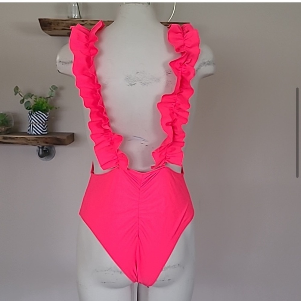 High Cut Hot Pink Ruffle One Piece - Picture 4 of 5